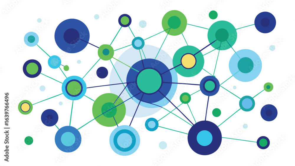 Fototapete a network diagram featuring interconnected blue and green dots representing nodes and connections..e