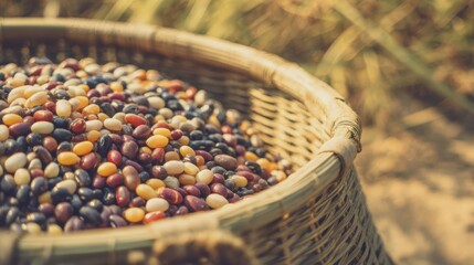 A woven basket overflowing with multicolored grains, showcasing wholesome and nourishing textures.