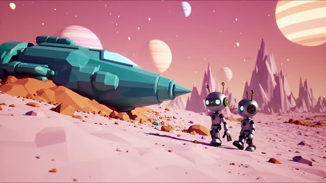 Robots On A Pink Planetary Surface With Mountains And A Crashed Spaceship Digital Art