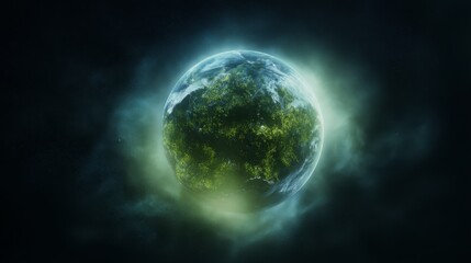 A lush green planet floats in space, glowing with life against the dark expanse of the cosmos.