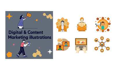 Digital and content marketing vector illustrations in various activities of online marketing, social media, networking, internet advertising, promotion, easily editable.