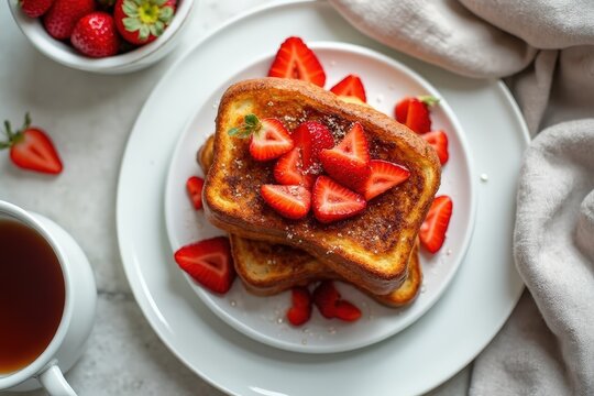 Top view of rench toast with strawberries on a white plate