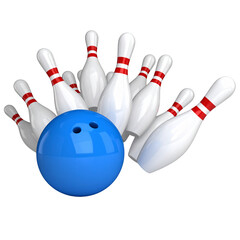 Bowling strike concept. Blue Bowling Ball hits bowling pins. Transparent background 