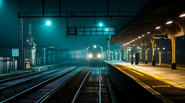 A train approaching a platform at a station under a foggy night with bright lights shining on