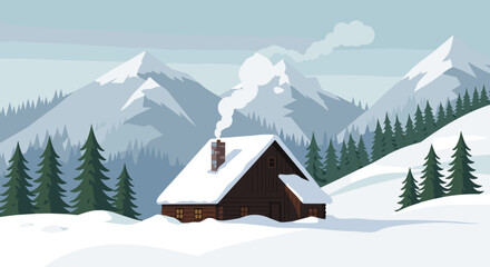 Cozy cabin in the snowy mountains winter wonderland digital illustration serene landscape aerial view tranquility. Vector illustration