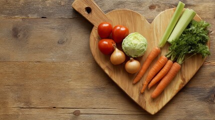 Fresh vegetables arranged on a heart-shaped wooden cutting board