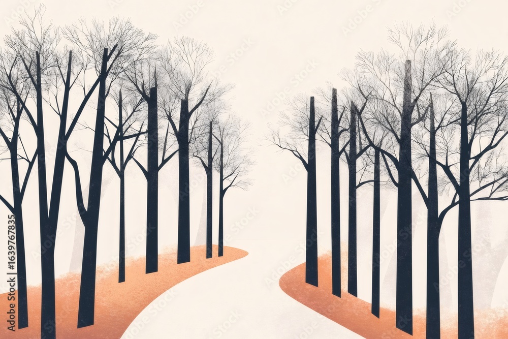 Poster minimalist illustration of a tranquil forest path winding through bare trees, creating a peaceful an