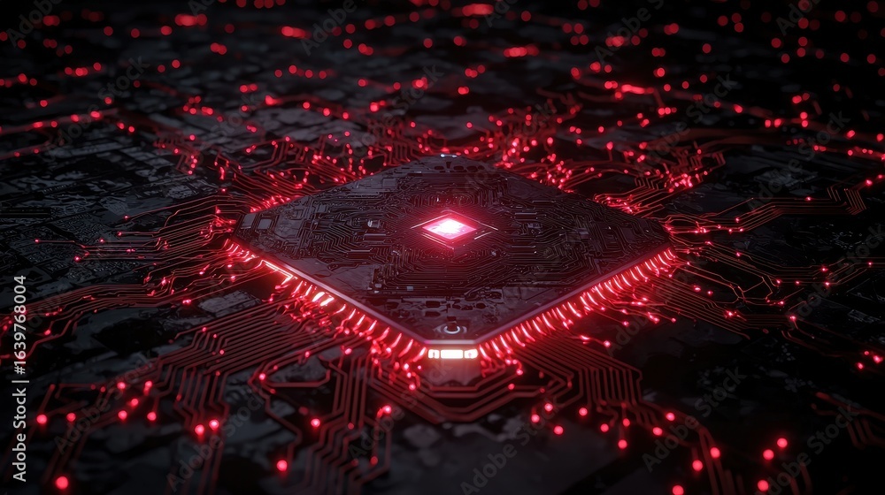 Poster Futuristic Computer Chip with Neon Red Circuit Background