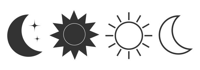 A set of six simple, black and white icons representing the day and night.