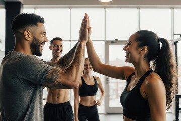 Happy friends celebrating, high-fiving in gym