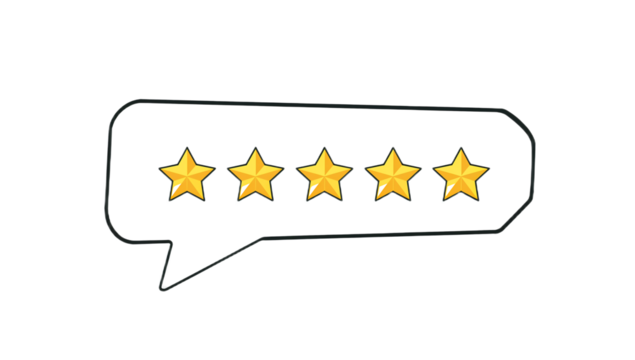 Five golden stars shining bright within a speech bubble, symbolizing excellent customer feedback and a top-notch rating for outstanding service and quality product experience.