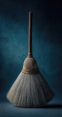 Antique broom against dark teal backdrop