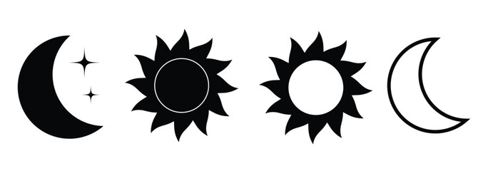 A set of six simple, black and white icons representing the day and night.