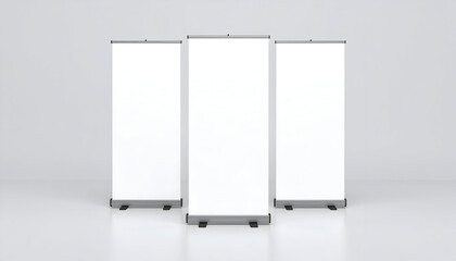 Three Blank Roll-Up Banners in a Clean Studio Setting for Promotional Display