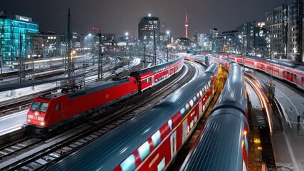 Night Train Network: A dynamic perspective of multiple trains navigating a complex rail network at night, with city lights in the distance. Capturing motion, and the urban landscape.