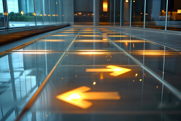 Glass floor with embedded illuminated directional arrows