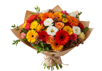 Beautiful autumn flower bouquet with gerbera daisies and roses isolated on transparent background