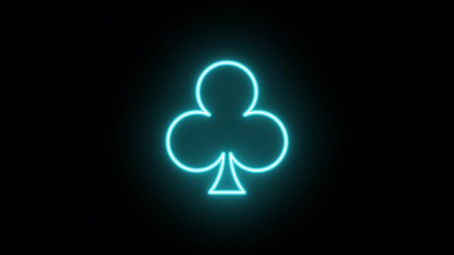 Neon club ace icon, color flicker. Glowing neon poker club suit, looped color blink animation. Casino playroom, poker game, clubs suit, gambling card, trefoil sign. 3 colors