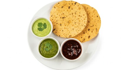 Indian papad with three dipping sauces isolated on white background