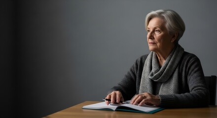 Pensive Senior Woman in Dramatic Light Pausing from Writing Her Memoirs.
