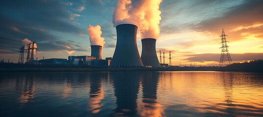 Nuclear power plant reflecting in water at sunset with steam rising from cooling towers in the distance