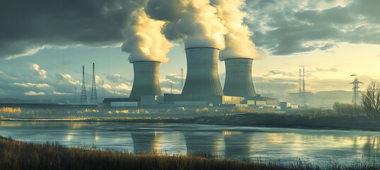 View of three cooling towers emitting steam with a river in the foreground on a cloudy day landscape
