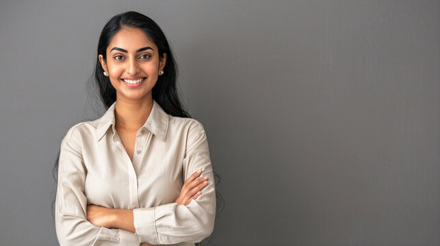 Portrait sourire jeune femme type indienne bras crois&eacute;s