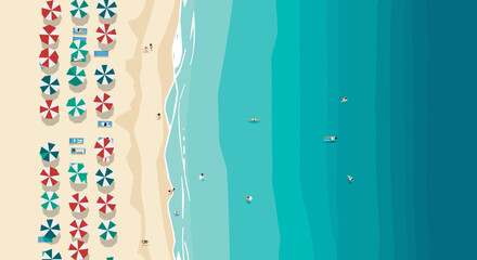 Relaxing beach day with umbrellas and clear water coastal paradise digital illustration aerial view summer vibes. Vector illustration