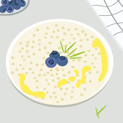 Oatmeal with blueberries and butter in a bowl, breakfast for a child. Flat cartoon drawing for a culinary column.