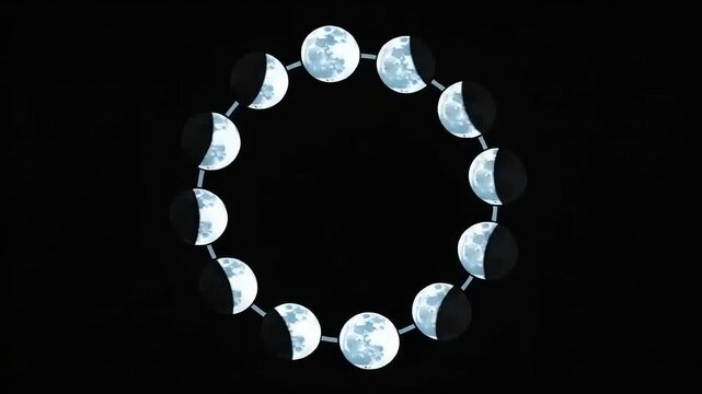 Phases of the Moon arranged in a circular pattern against a black backdrop, showcasing celestial beauty