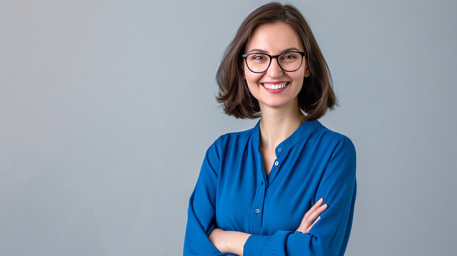 Portrait sourire jeune femme avec lunette bras crois&eacute;s