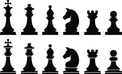Image displays silhouette icon set of chess pieces, including the king, queen, rook, bishop, knight, and pawn. symbolizing strategic thinking and decision making in business planning. Editable stroke
