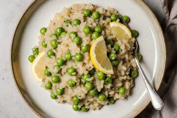 Overhead view of pea and lemon risotto