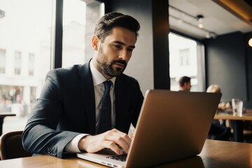 Mature businessman in cafe using laptop