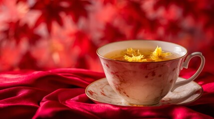 Fototapeta premium Delicate porcelain teacup with chrysanthemum petals on crimson silk, reflecting refined tranquility.