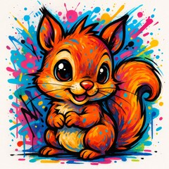 Adorable cartoon squirrel illustration in vibrant colorful paint splatter art style. Cute animal character for kids design.