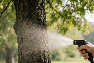 Close-up of mans hand spraying water on a tree
