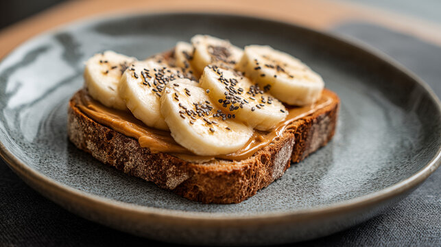 Whole grain toast with peanut butter, banana slices, and chia seeds on ceramic plate
