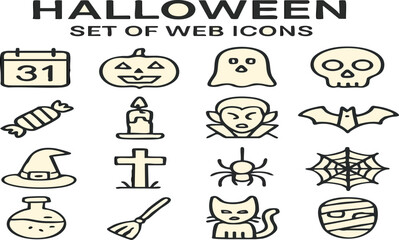 A set of halloween web icons featuring a calendar pumpkin ghost skull candy candle vampire bat and more spooky elements