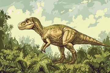 Prehistoric creature or dinosaur in the wild nature. Realistic style drawing.