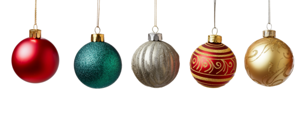 Christmas balls hanging with a string, Christmas shiny baubles ornaments on transparent background, cutout