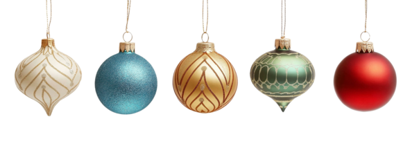Christmas balls hanging with a string, Christmas shiny baubles ornaments on transparent background, cutout