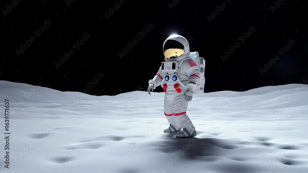 Aufkleber astronaut in white spacesuit walking on lunar surface with crater-filled terrain and waving hand. is