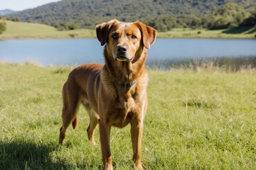 Curious brown purebred podenco andaluz dog standing on grassy meadow near lake on sunny day in asturias spain
