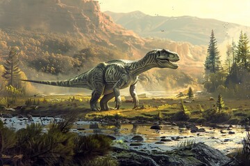 Prehistoric creature or dinosaur in the wild nature. Realistic style drawing.