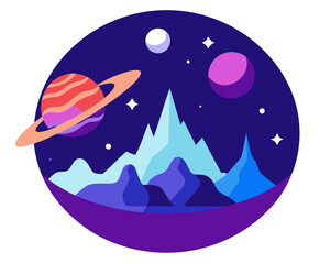 Fantasy Planet Landscape with Mountains and Planets on transparent background