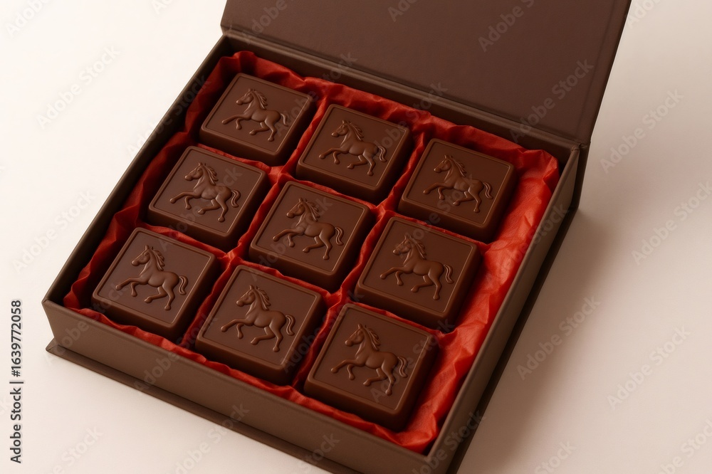 Poster nine square chocolates featuring an embossed horse design resting elegantly in an open box adorned w