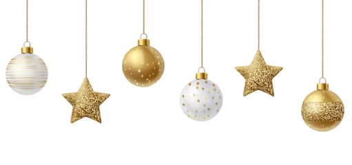 Christmas balls hanging with a string, Christmas shiny baubles ornaments on transparent background, cutout