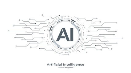 Abstract AI on circuit board with electronic elements. Artificial intelligence technology concept. HUD frame and circuit board. Deep learning, innovation, and engineering concepts. Vector illustration