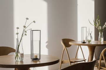 Interior of room with glass vases and metal candle holder placed on wooden tables